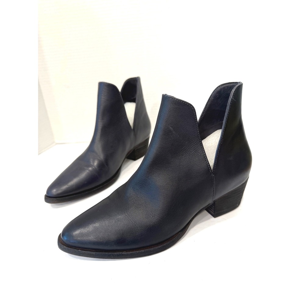 Free People Charm Double Blue Leather Pointy Toe Block Heel SlipOn Ankle Boot 8